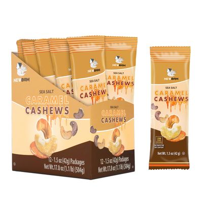 NEWBAM Sea Salt Caramel Cashews Individual Packs - 12 Cashew Snack Packs Roasted Nuts (1.5oz Each)  Keto, Vegan, Gluten-Free - Healthy Snacks for Trail Mix, Office, or Party - Lightly Salted, Sweet Tasty