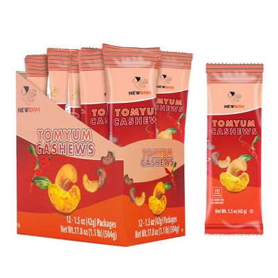 NEWBAM Spicy Tom Yum Cashews - 12 Individual Snack Packs (1.5oz) - Thai Flavored Roasted Whole Cashews