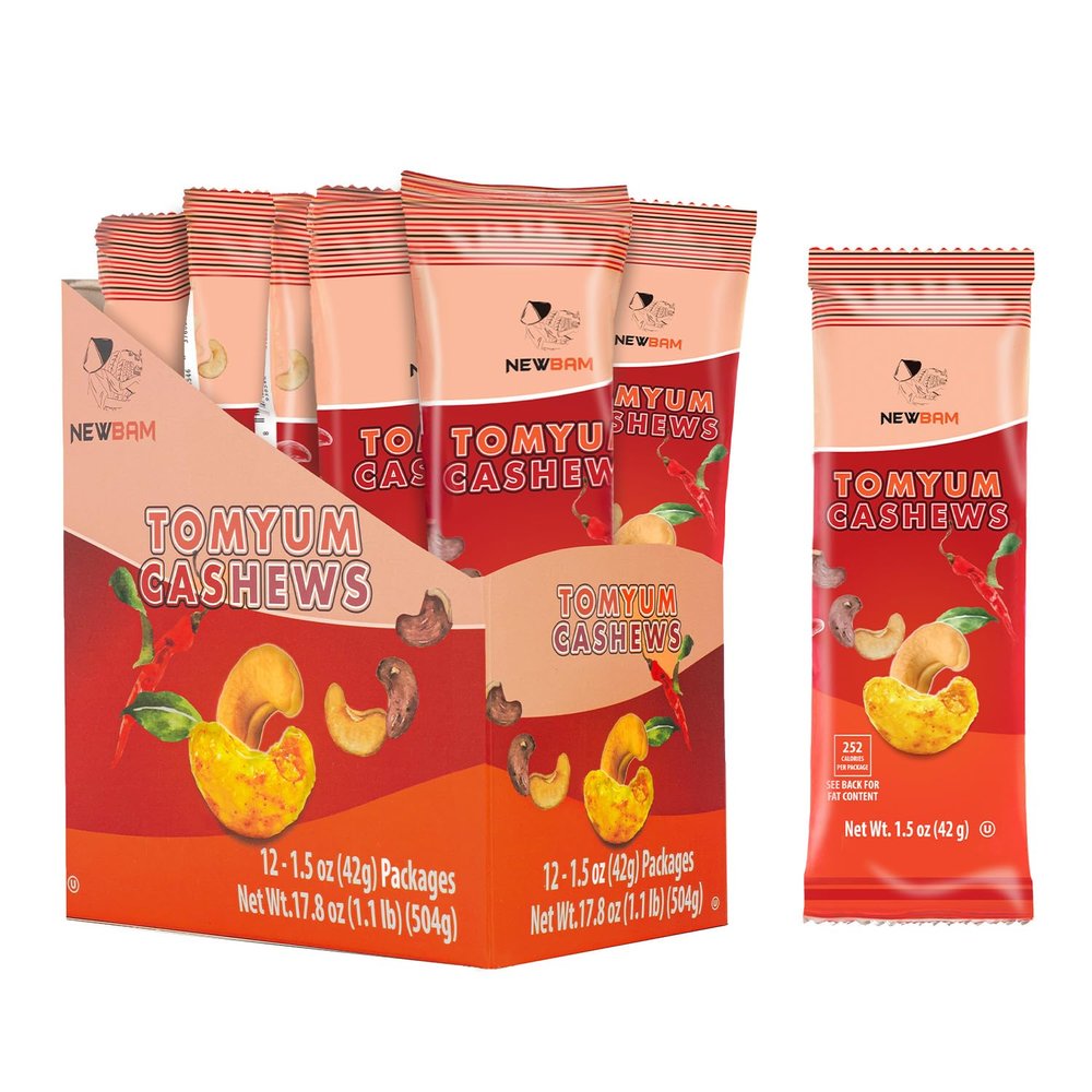 NEWBAM Spicy Tom Yum Cashews - 12 Individual Snack Packs (1.5oz) - Thai Flavored Roasted Whole Cashews