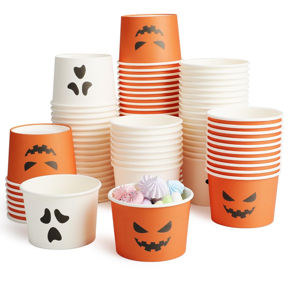 150 Pcs Halloween Treat Snack Cups 8 Oz Disposable Pumpkin Ghost Bowls Spooky Disposable Paper Cup White Orange Paper Cup Dessert Ice Cream Bowls Food Tasting Cups for Halloween Party Supplies