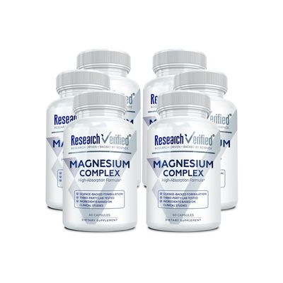 Research Verified Magnesium Complex - Brain, Muscle and Nerve Support - Magnesium Bisglycinate, Malate, Citrate, and Oxide - Bioperine - Vegan - 60 Capsules - Pack of 6