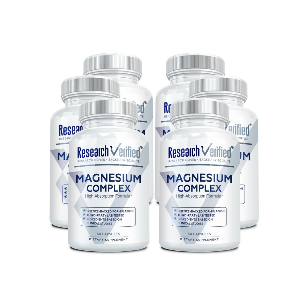 Research Verified Magnesium Complex - Brain, Muscle and Nerve Support - Magnesium Bisglycinate, Malate, Citrate, and Oxide - Bioperine - Vegan - 60 Capsules - Pack of 6
