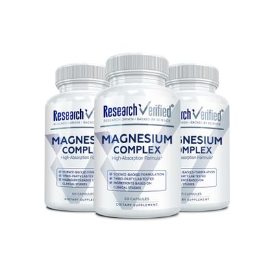 Research Verified Magnesium Complex - Brain, Muscle and Nerve Support - Magnesium Bisglycinate, Malate, Citrate, and Oxide - Bioperine - Vegan - 60 Capsules - Pack of 3