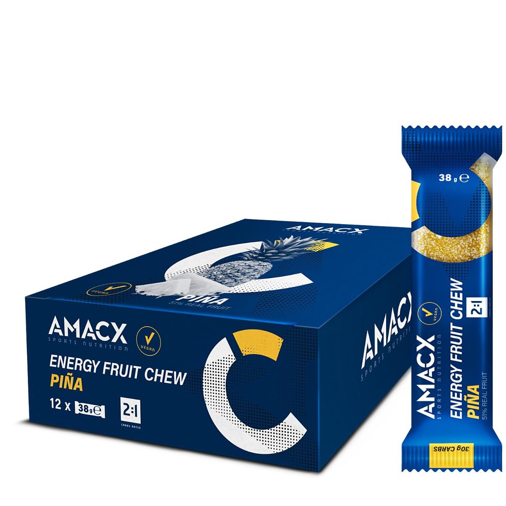 AMACX Fruit Chew Energy Bar High Carb Running Fuel 12 x 38g Electrolyte Chews for Endurance Sports with 51% Fruit Vegan, Gluten & Lactose-Free Sports Nutrition Running Chews (12 Pack, Pina)