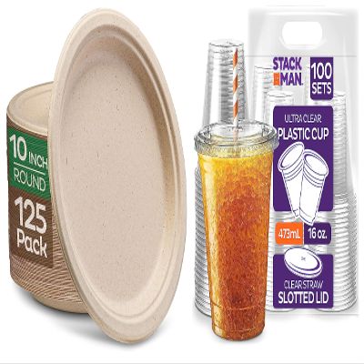 10 Inch Plates [125 Pack] + 16 oz Cups with Lids [100 Pack]