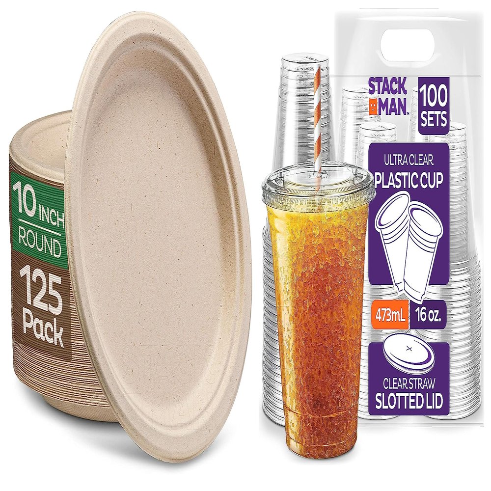 10 Inch Plates [125 Pack] + 16 oz Cups with Lids [100 Pack]