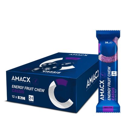 AMACX Fruit Chew Energy Bar High Carb Running Fuel 12 x 38g Electrolyte Chews for Endurance Sports with 51% Fruit Vegan, Gluten & Lactose-Free Sports Nutrition Running Chews Cassis