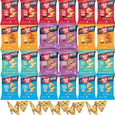 Pop-Cornners Snacks Gluten Free Chips, 5 Flavor Variety Pack 28 Count 1 oz Bags Packaged By Doomi, Individual Snack Bags in Sea Salt, White Cheddar, Sweet & Salty, Cinnamon Crunch and Spicy Queso Flavors - Low-Calorie Popcorn Chips for Snacking Care 