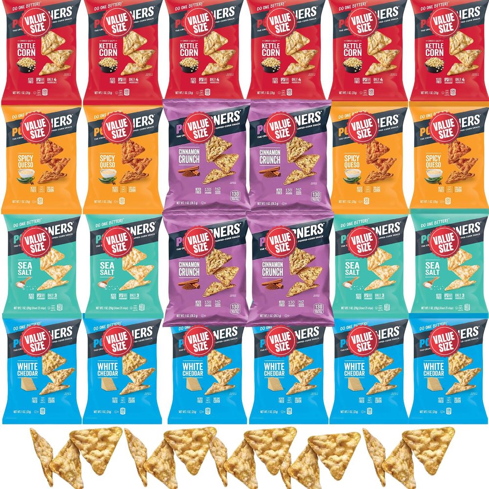 Pop-Cornners Snacks Gluten Free Chips, 5 Flavor Variety Pack 28 Count 1 oz Bags Packaged By Doomi, Individual Snack Bags in Sea Salt, White Cheddar, Sweet & Salty, Cinnamon Crunch and Spicy Queso Flavors - Low-Calorie Popcorn Chips for Snacking Care 