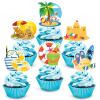 48pcs Summer Beach Happy Birthday Cupcake Toppers - Pool Swimming Surfing Cupcake Toppers Picks - Summer Hawaii Holiday Birthday Party Favor Supplies view 1