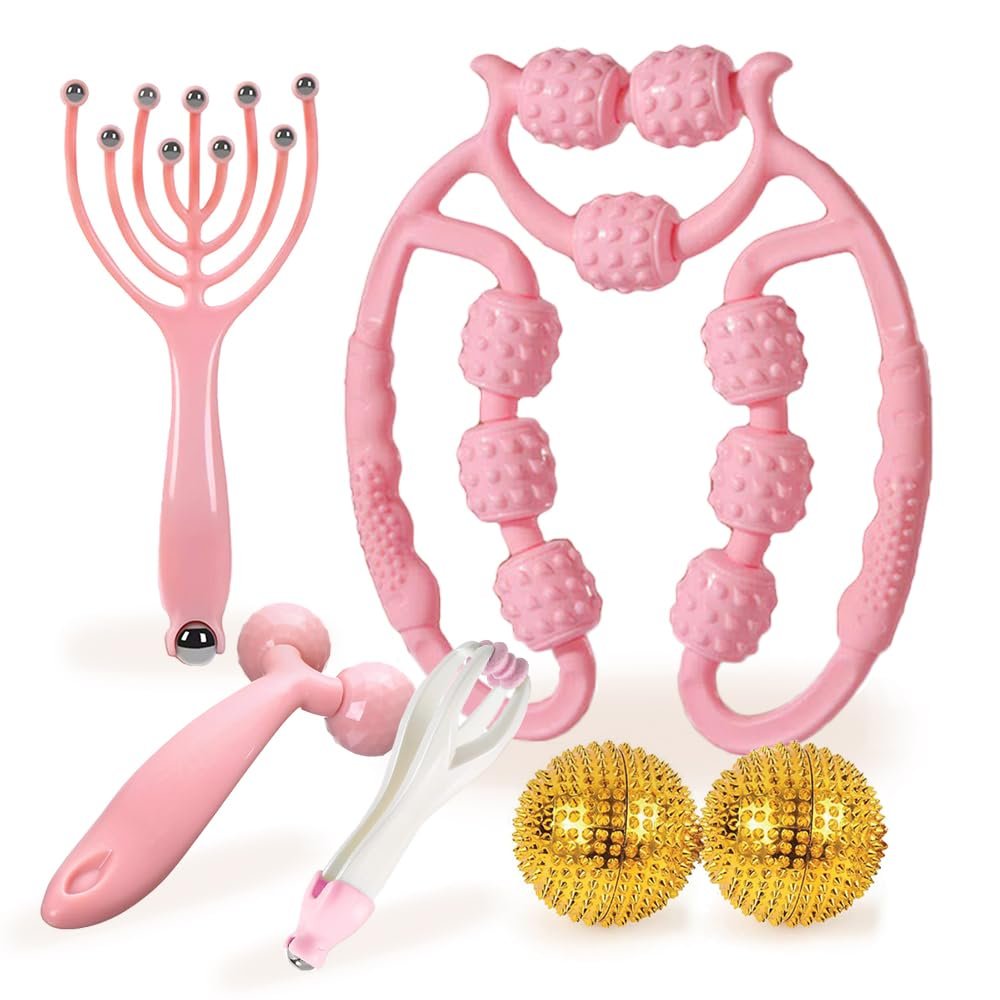 5-in-1 Massage stick for Body, Roller for muscle, Massage Stick for leg, Trigger Point Muscle Roller (8 Rolls), Finger Massager, Hand-Held Roller, Head Scalp Massager, 2 Spiky Hand Balls.