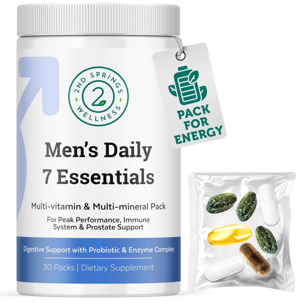 2nd Springs Daily 7 Essentials Men's Vitamin Pack - 7 Pack Adult Male Multivitamin & Multimineral Pack for Energy, Metabolism, Immune System Support, Prostate Support with Probiotic, Digestive Enzymes