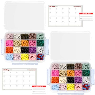 20 Compartment Large Pill Case with Airtight Seal - Silicone Gasket Waterproof Med Box with Medication Map & Medical Alert Card (Clear, 2 Pack)