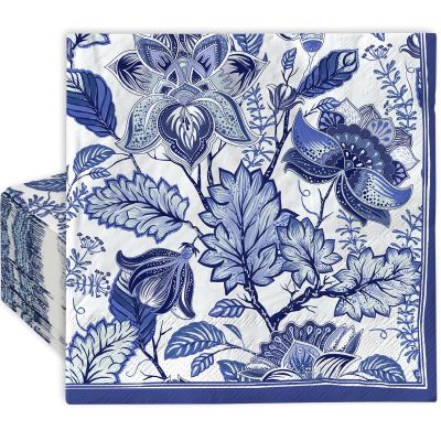 AnyDesign 80 Pack Blue Floral Paper Napkin Disposable Blue and White Flower Luncheon Napkin 6.5 x 6.5 Inch Retro Floral Dessert Dinner Hand Napkin for Birthday Wedding Baby Shower Bridal Shower