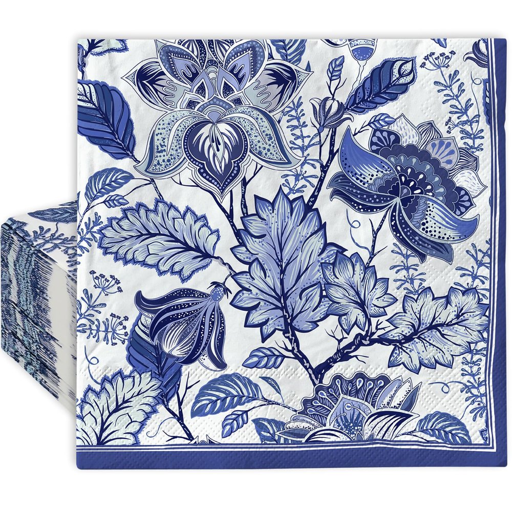 AnyDesign 80 Pack Blue Floral Paper Napkin Disposable Blue and White Flower Luncheon Napkin 6.5 x 6.5 Inch Retro Floral Dessert Dinner Hand Napkin for Birthday Wedding Baby Shower Bridal Shower