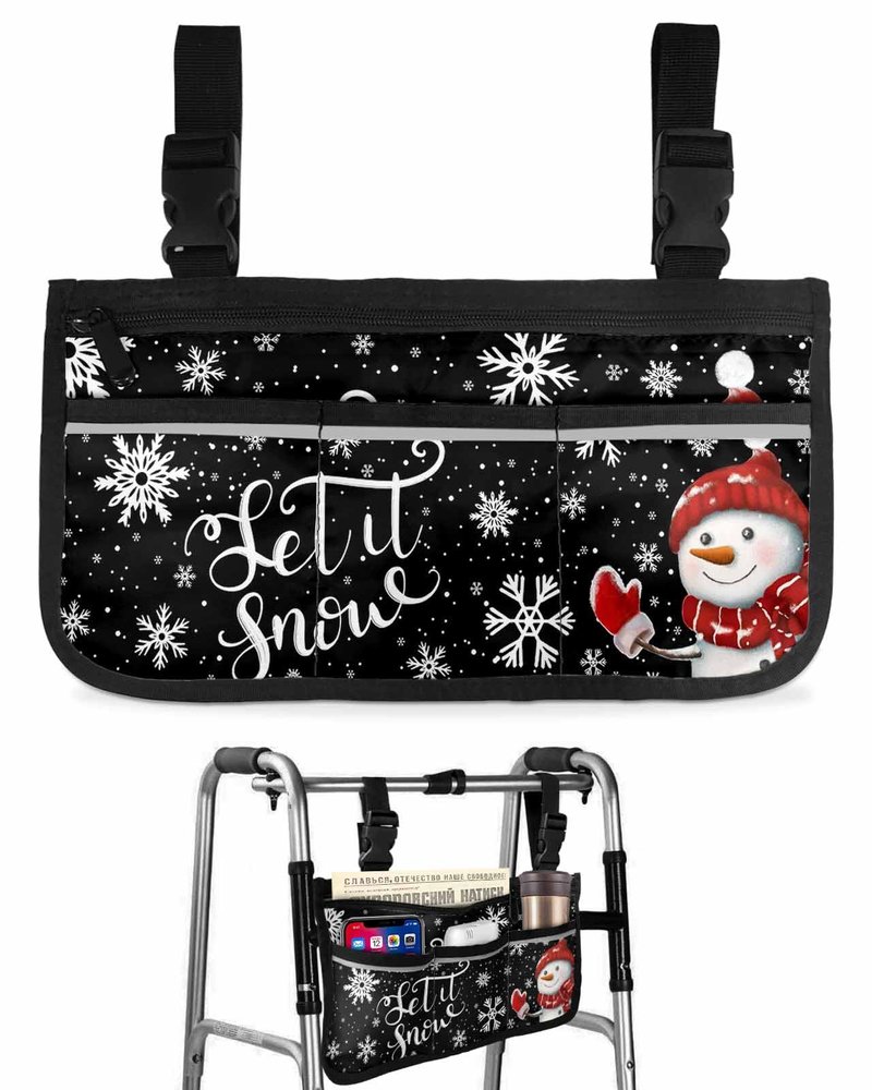 Christmas Wheelchair Side Bag Walker Bag, Xmas Red Snowman Snowflake Black Wheelchair Accessories Armrest Pouch, Organizer Storage Bag for Walkers, Rollators, Scooters, 7.3''x13''