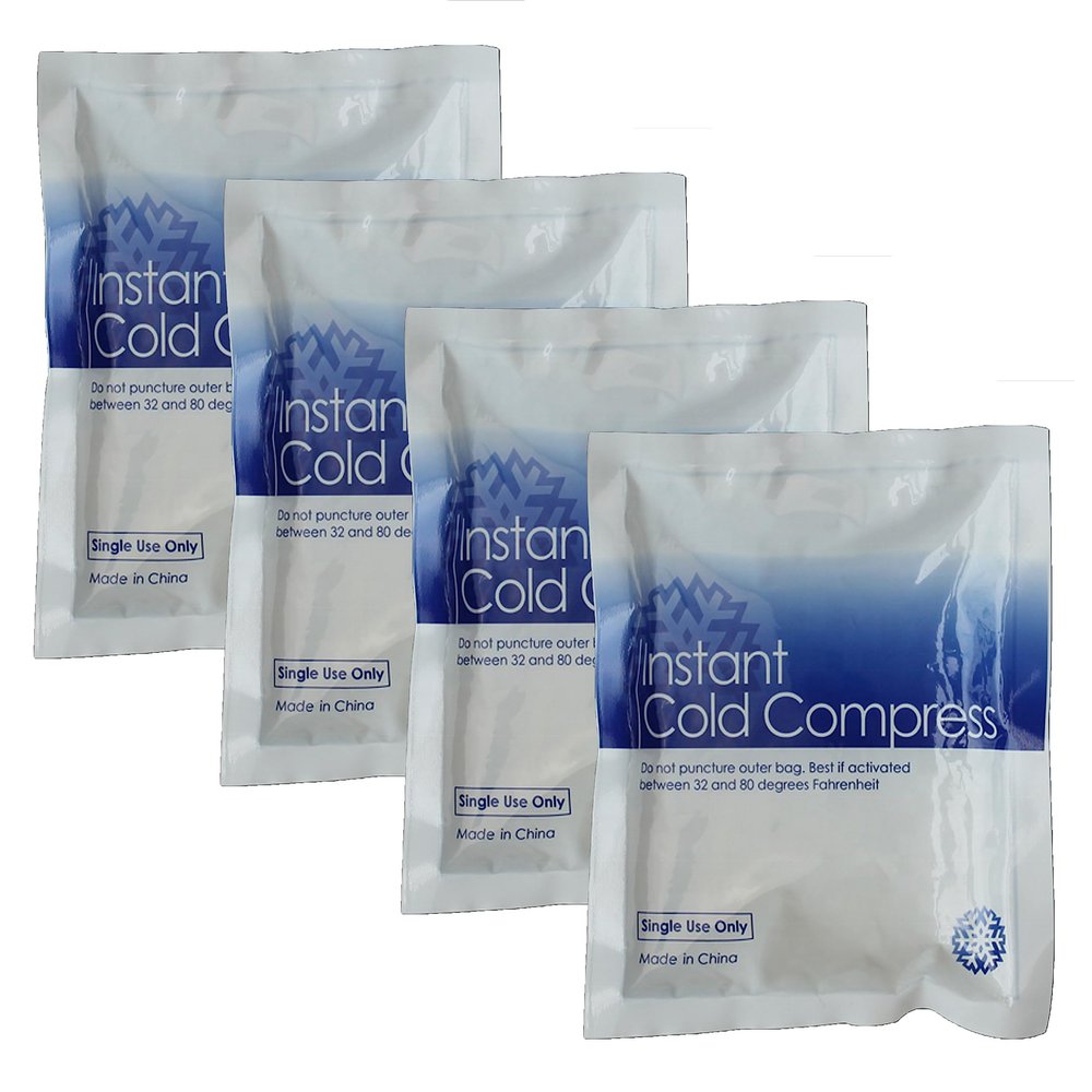 4 Pk First Aid Instant Cold Compress Ice Pack Disposable Injury Sprain Swelling Large 8.75"L X 5.75"W Ready to Use Arm Knee Ankle Pain Relief Headache Cramps Sports Joint Muscle Strains Gel Bead Wrap