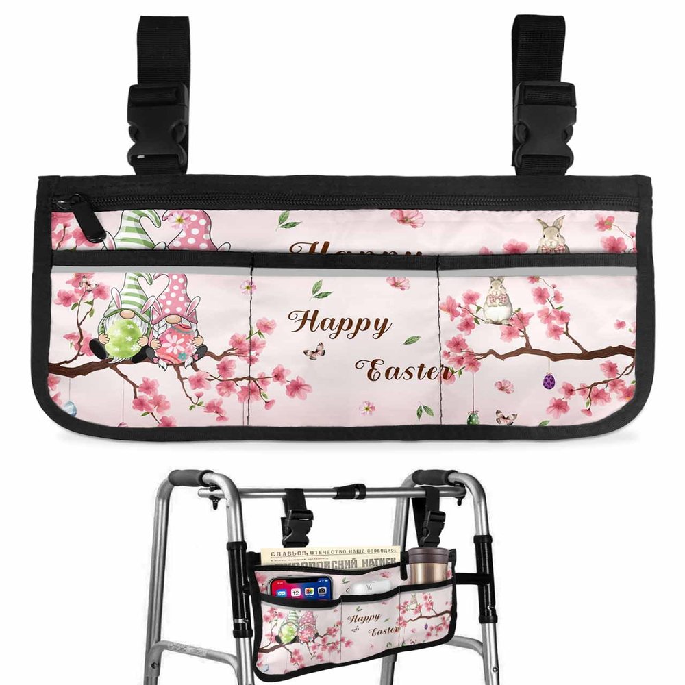 Easter Wheelchair Side Bag Walker Bag, Easter Egg Tree Gnomes Bunny Spring Flower Pink Wheelchair Accessories Armrest Pouch, Organizer Storage Bag for Walkers, Rollators, Scooters, 7.3''x13''