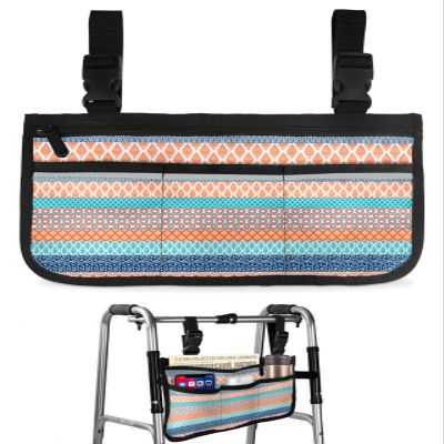 Boho Geometric Wheelchair Side Bag Walker Bag, Colorful Striped Ethnic Flowers Blue Orange Wheelchair Accessories Armrest Pouch, Organizer Storage Bag for Walkers, Rollators, 7.3''x13''