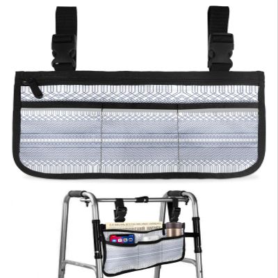 Blue Line Wheelchair Side Bag Walker Bag, Geometric Plaid Flower Striped Modern Art Wheelchair Accessories Armrest Pouch, Organizer Storage Bag for Walkers, Rollators, Scooters, 7.3''x13''