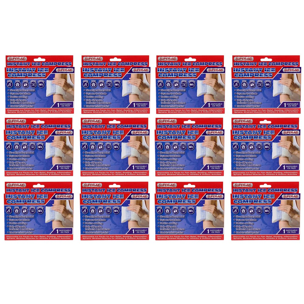 12 Pk Disposable Ice Compress Instant Cold Pack Injury Sprain First Aid Medical Large 8.75"L X 5.75"W Ready to Use Arm Knee Ankle Pain Relief Headache Cramps Sports Joint Muscle Strains Gel Bead Wrap