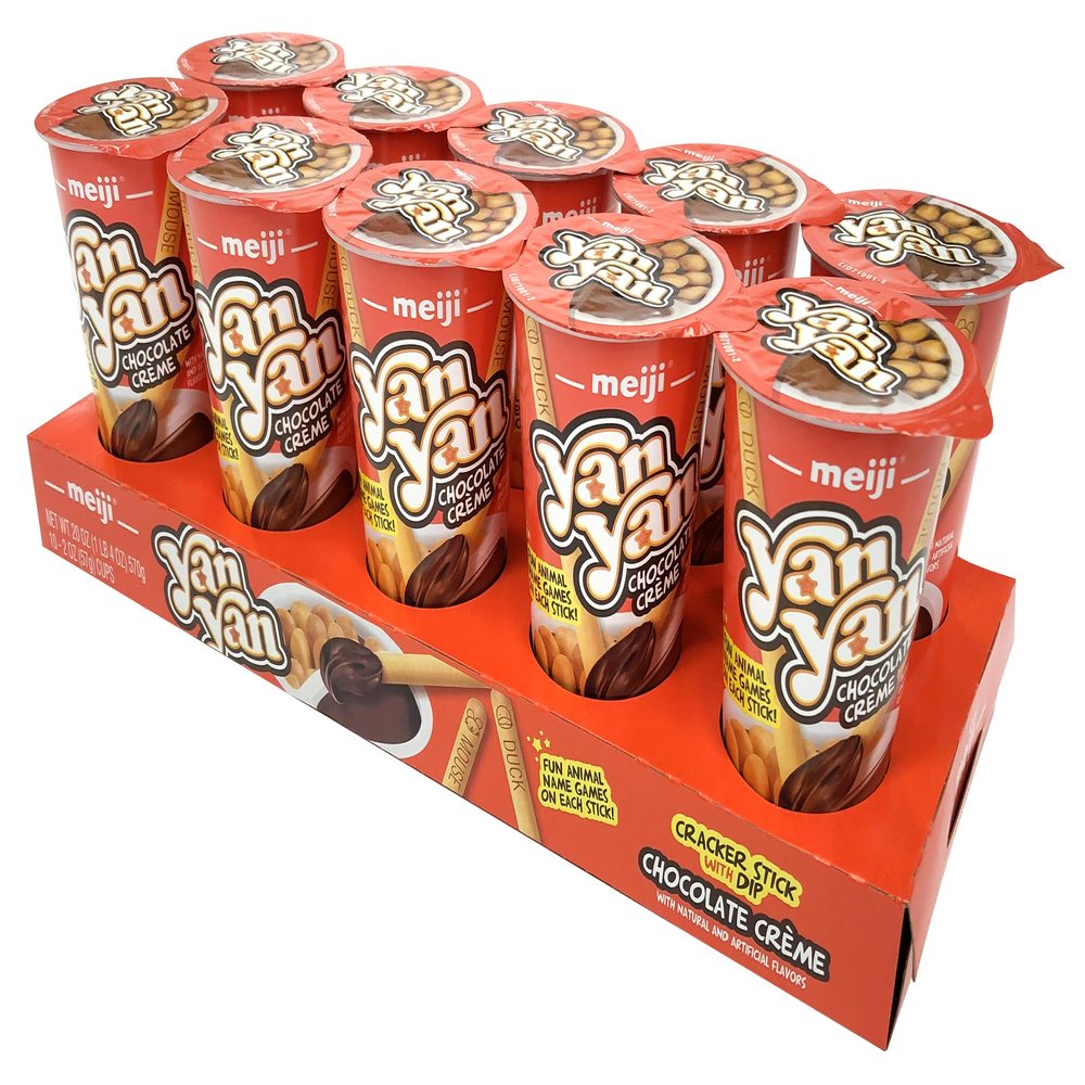 MEIJI Yan Yan Dipping Sticks, Chocolate Crme - 2 oz, Pack of 10 - Cracker Sticks with Fun Animals Phrases