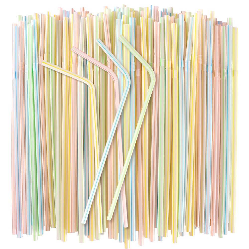 150PCS Disposable Plastic Drinking Straws - Flexible Straws Disposable Long Colorful PP Plastic Striped Assorted Colors for Home Use Milk Juice Drinks