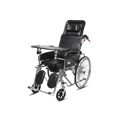 170 Full Reclining Wheelchair for Adults Steel Folding Bathroom Shower Chair Bedside Commode W/Dining Table Lightweight Transport Chair Mobility Aid for Seniors
