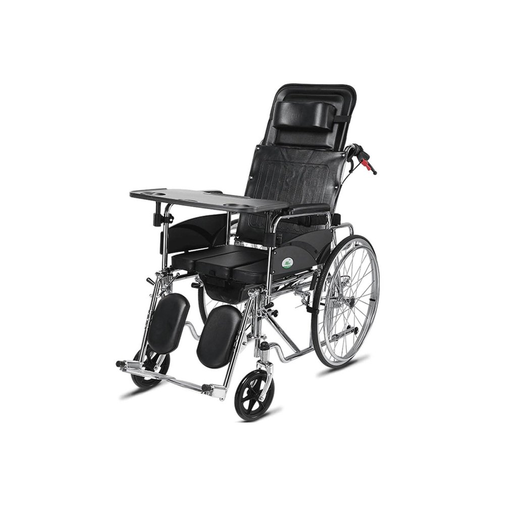170 Full Reclining Wheelchair for Adults Steel Folding Bathroom Shower Chair Bedside Commode W/Dining Table Lightweight Transport Chair Mobility Aid for Seniors
