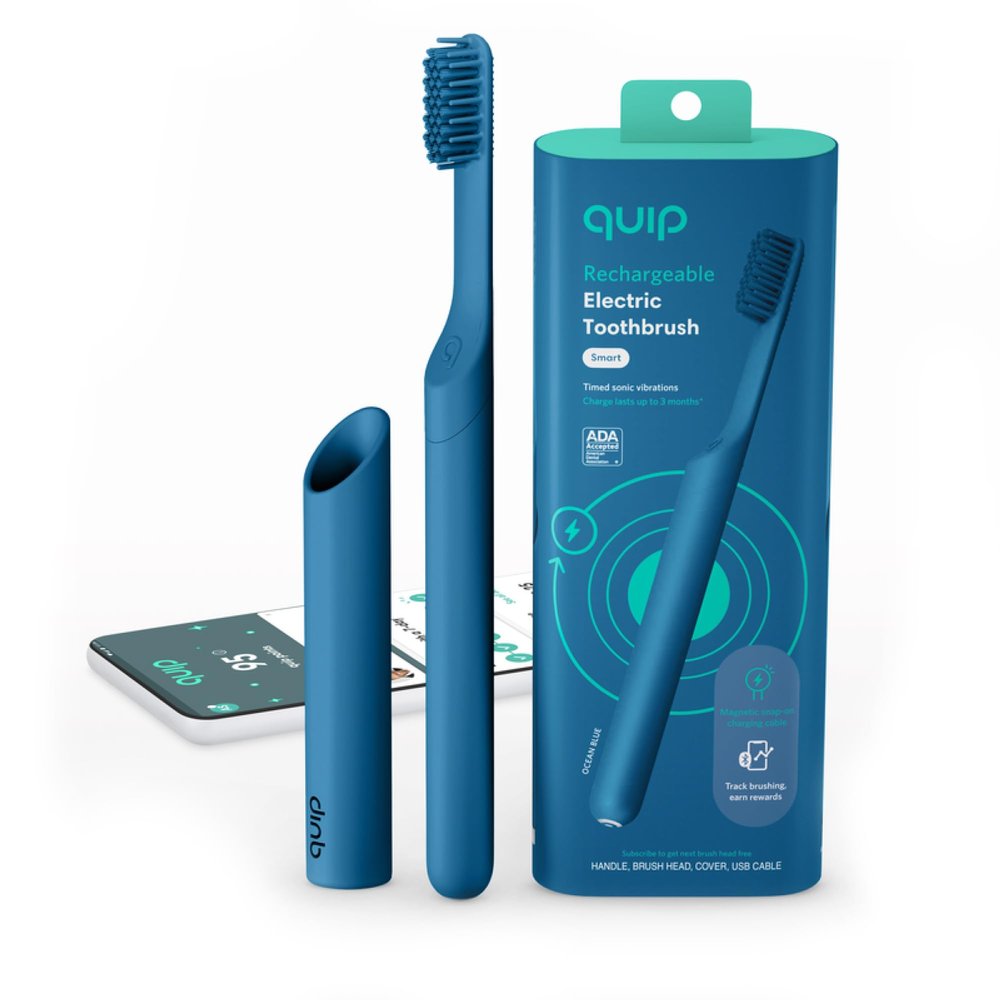 Quip Rechargeable Smart Sonic Toothbrush for Adults - Timed Electric Toothbrush with Bluetooth & Rewards App - Replaceable Brush Head, Soft Bristles, Plastic Handle - Travel Toothbrush - Ocean Blue