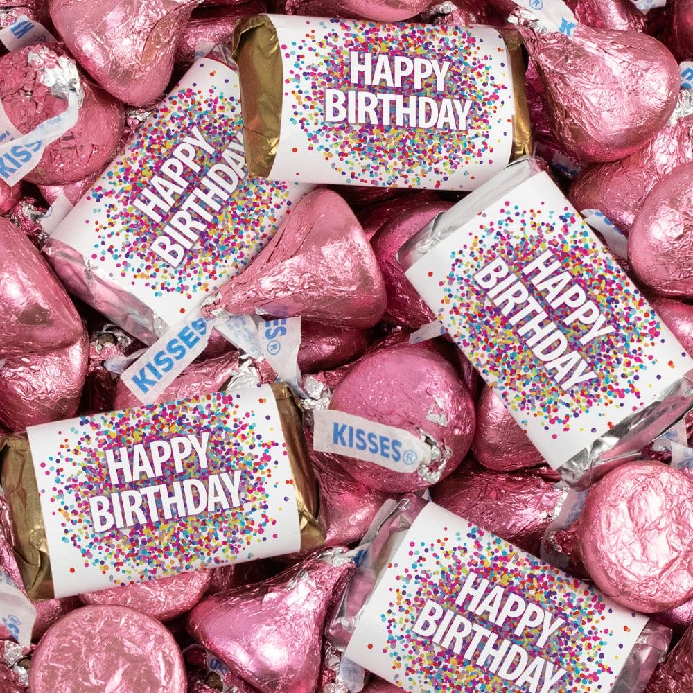 124 Pcs Birthday Candy Party Favors Miniatures Chocolate & Pink Kisses (1.52 lbs, Approx. 124 Pcs)