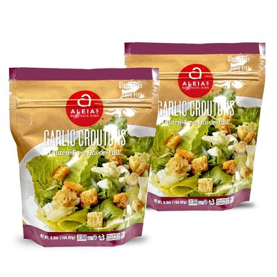 Aleias Gluten Free Garlic Croutons  5.5oz (2 Pack)  Crunchy Topping for Salads & Soups  Dairy Free, Soy Free, Low Sodium, No MSG, No Preservatives