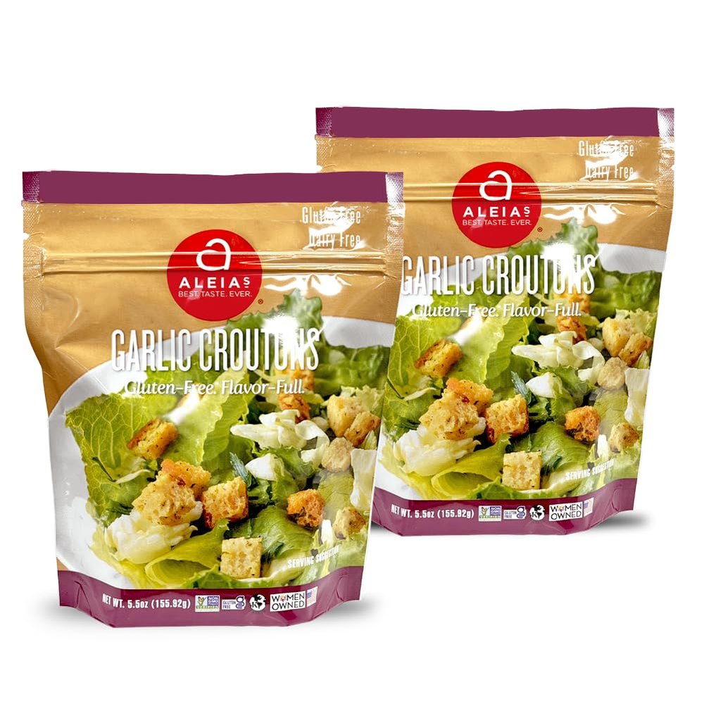 Aleias Gluten Free Garlic Croutons  5.5oz (2 Pack)  Crunchy Topping for Salads & Soups  Dairy Free, Soy Free, Low Sodium, No MSG, No Preservatives