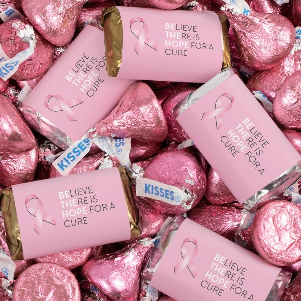 131 Pcs Breast Cancer Awareness Candy Gift Wrapped Miniatures and Pink Kisses (1.65 lbs)