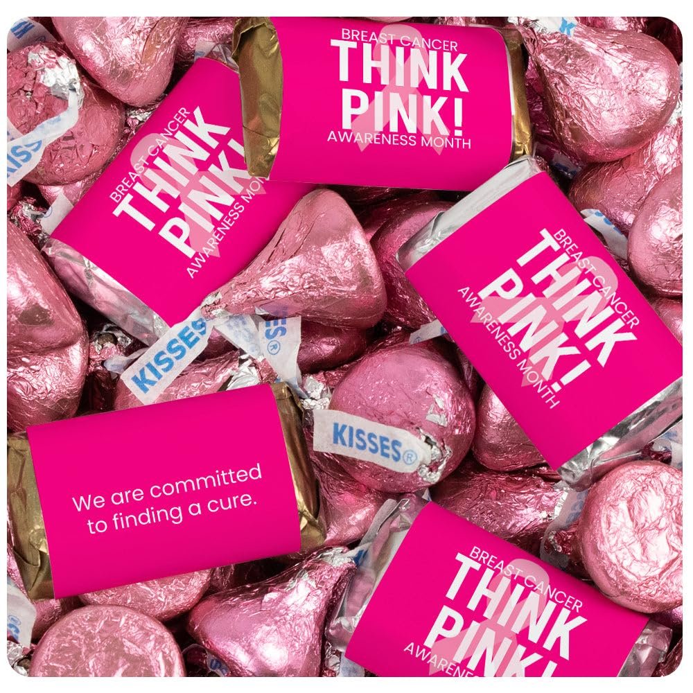 124 Pcs Breast Cancer Awareness Candy Gifts & Favors Wrapped Miniatures and Pink Kisses (1.52 lbs) - Think Pink Ribbon