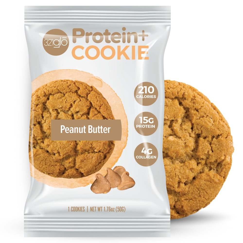 321glo Protein+ Cookies | High Protein, Soft Baked Cookie with Collagen | 15g Protein | On the Go Snack for Men, Women, & Kids | 12 Pack (Peanut Butter)