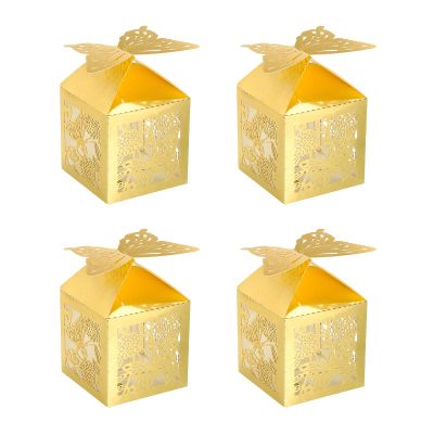PATIKIL 2"x2"x3.1" Favor Boxes, 25 Pack Paper Laser Cut Candy Boxes Hollow Butterfly Gift Box for Wedding Bridal Shower Birthday Party Anniversary, Gold Tone