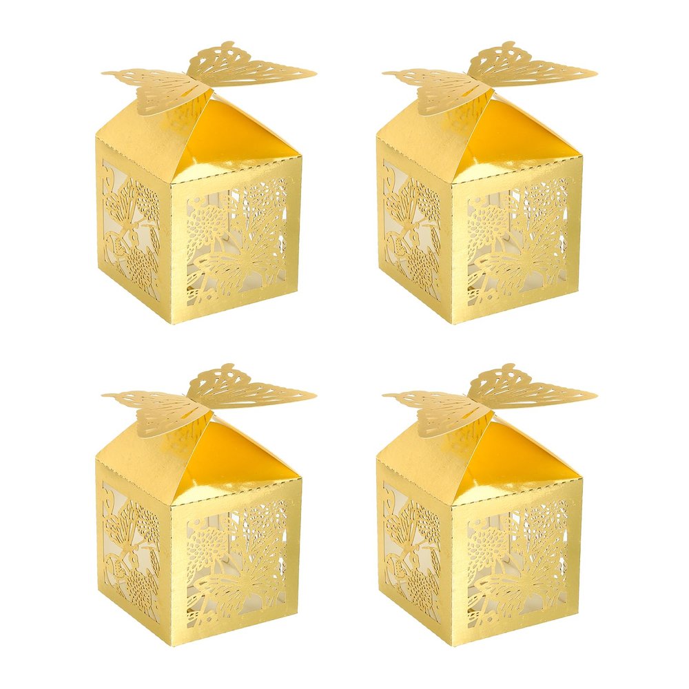 PATIKIL 2"x2"x3.1" Favor Boxes, 25 Pack Paper Laser Cut Candy Boxes Hollow Butterfly Gift Box for Wedding Bridal Shower Birthday Party Anniversary, Gold Tone