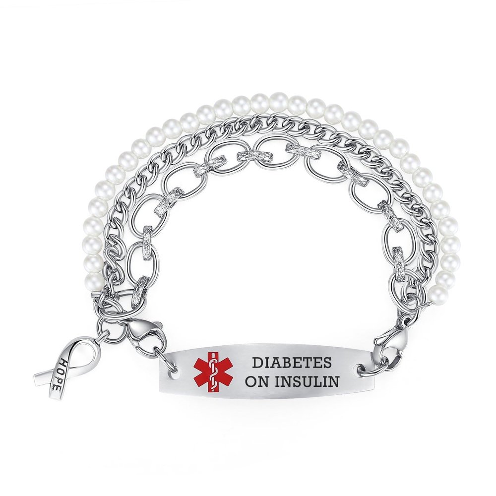 mnmhope 7.5"-9" Adjustable Medical alert bracelets for Women/Men Stainless steel Interchangeable Medical bracelets (with engraved diabetes on insulin-Multi-level)