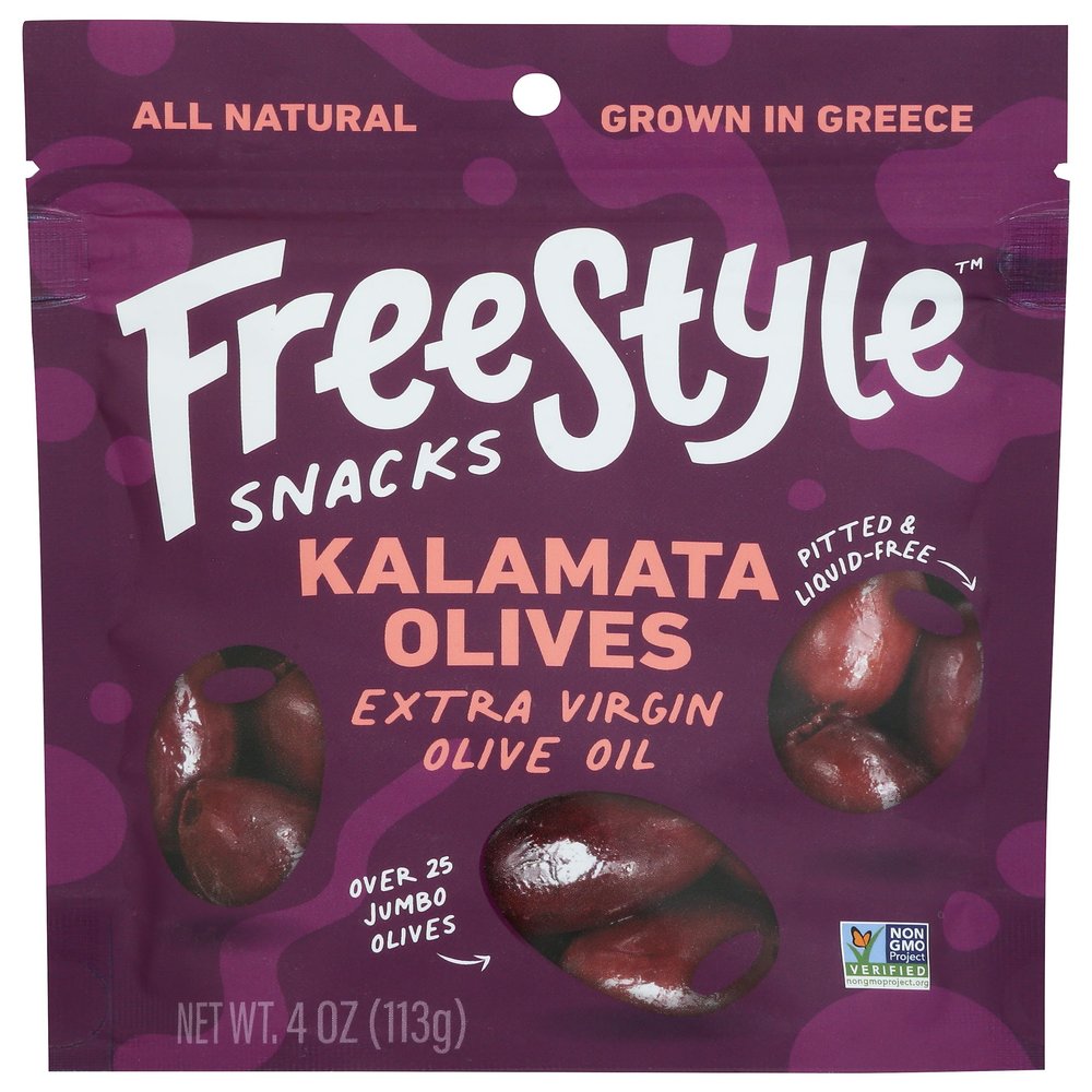Freestyle Snacks Kalamata Olives, Extra Virgin Olive Oil, All Natural, Low Calorie, Gluten Free & Non-GMO, 4 Ounce (Pack of 6)