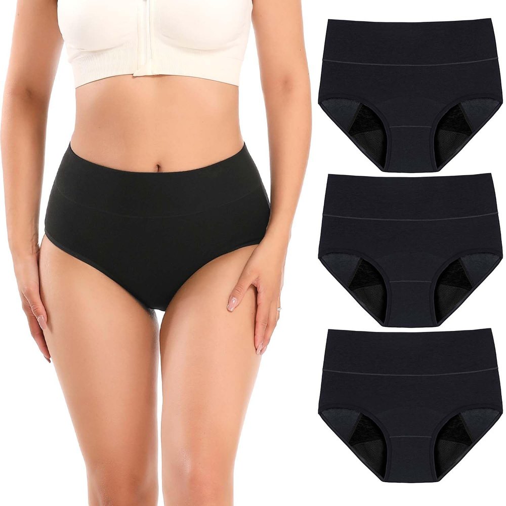 Molasus Incontinence Underwear for Women High Absorbency Period Leakproof Cotton Underwear Heavy Flow Menstrual Protective Panties Bladder Control Briefs 3 Pack,Black,Medium