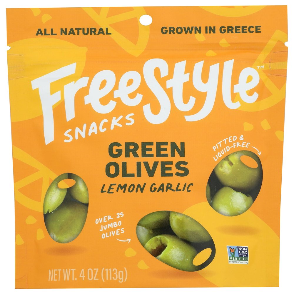 Freestyle Snacks Green Olives, Lemon Garlic, All Natural, Low Calorie, Kosher, Gluten Free & Non-GMO, 4 Ounce (Pack of 6)