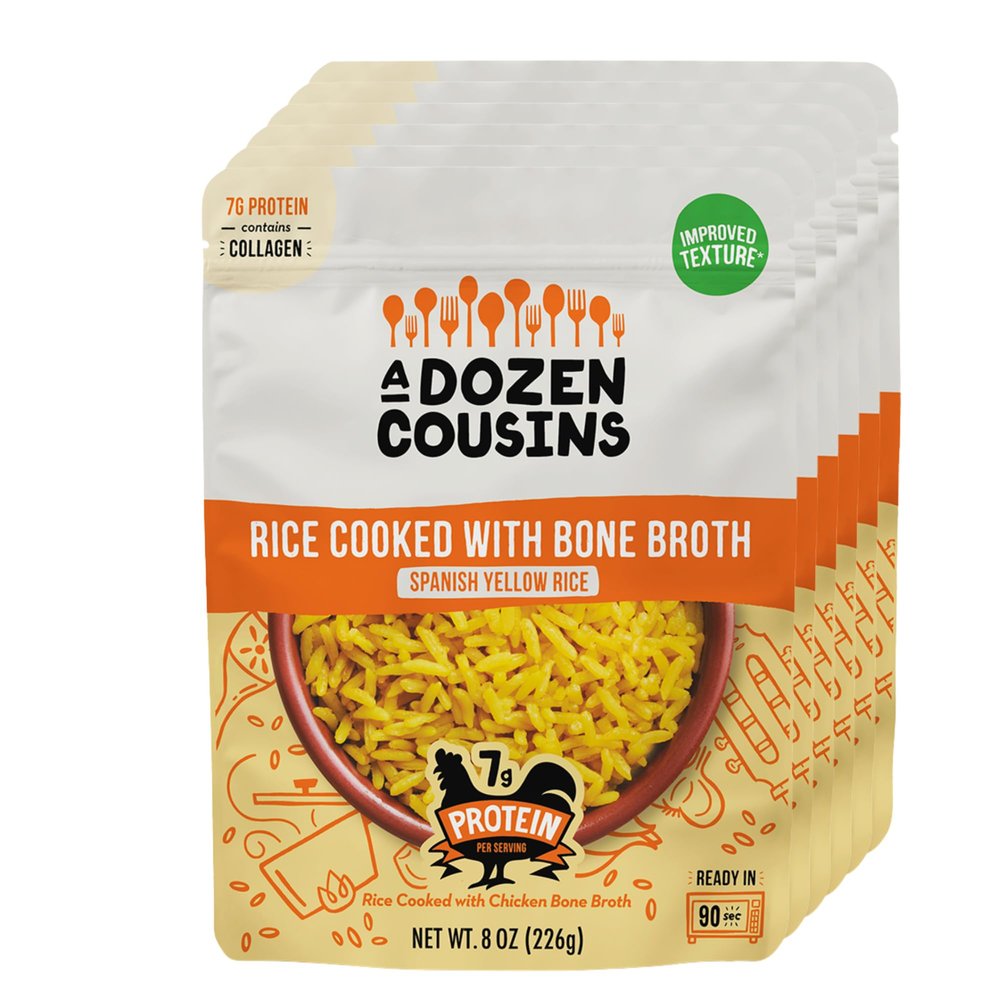 A Dozen Cousins Spanish Bone Broth Rice 6pk, Ready to Eat Seasoned High Protein Rice, Clean Ingredients, Easy Side Dish or Meal Base, Heat & Serve, Halal, Chicken Bone Broth, Gluten Free, 8oz Packets