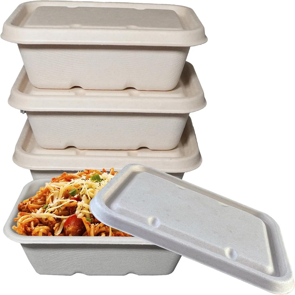 EcoQuality 22oz Disposable Bowls with Fiber Lids - Rectangular Compostable Sugarcane Fiber Biodegradable Paper Bowls Eco-Friendly Take Out Food Storage Containers, Microwave Safe, Meal Prep (400)