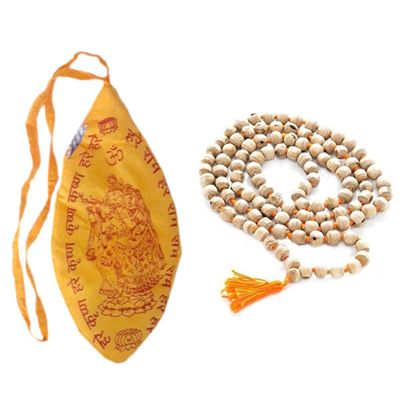 Aashita Creations Tulsi Japa Mala (108+1 Bead) with Hare Krishna Hare Rama Japa Mala Gomukh Bag