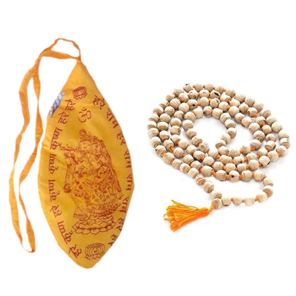 Aashita Creations Tulsi Japa Mala (108+1 Bead) with Hare Krishna Hare Rama Japa Mala Gomukh Bag