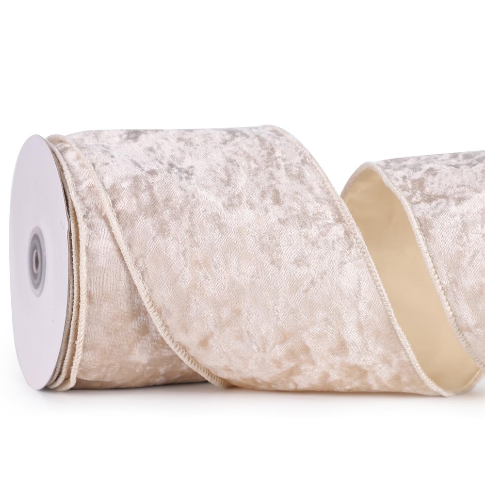 MAYREEL 4 Inch Ivory Crushed Velvet Ribbon Wired Extra Wide for Christmas Decorations Gift Wrapping Wreaths Tree Toppers 10 Yards