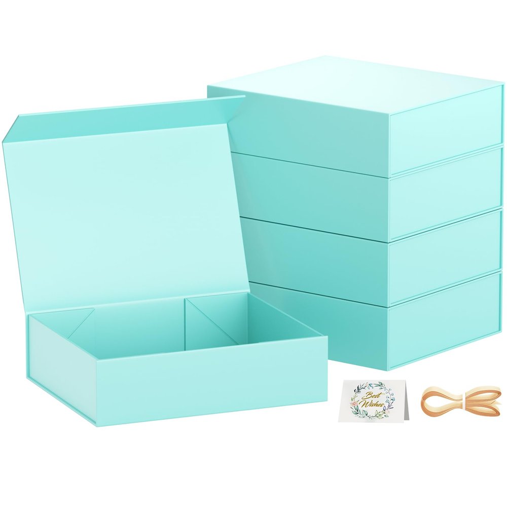 PSHVYM Gift Boxes with Lids, 11.5x7.8x3 In Turquoise Gift Box for Presents Magnetic Closure for T-Shirts, Gloves, Scarves, Books, Baby Clothes, Clothing Gift Wrap, Contains Card, Ribbon (5PACK)