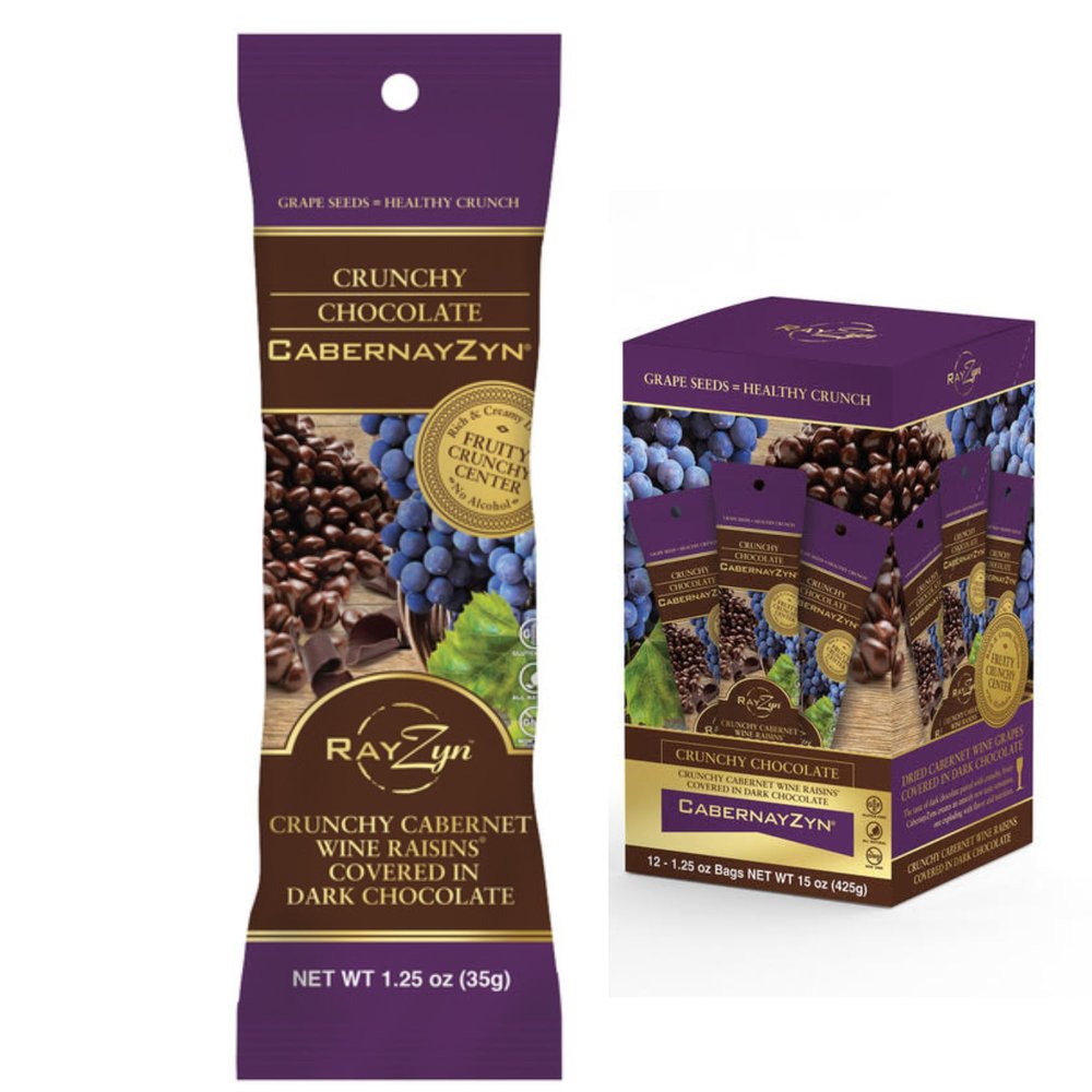 Wine RayZyn - Chocolate Covered CabernayZyn (12 pack)  Hand Harvested Dried Cabernet Sauvignon Wine Raisins from Napa Valley enrobed in premium gourmet dark chocolate  The Healthier Raisin with a Natural "Crunch" |Award Winning Heart Healthy Sna