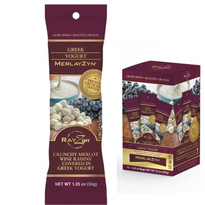 Wine RayZyn - Greek Yogurt Covered MerlayZyn - Hand Harvested Dried Merlot Wine Raisins from Napa Valley enrobed in smooth and creamy Greek Yogurt The Healthier Raisin with a Natural "Crunch" - Award Winning Heart Healthy Snack Antioxidant-Ric